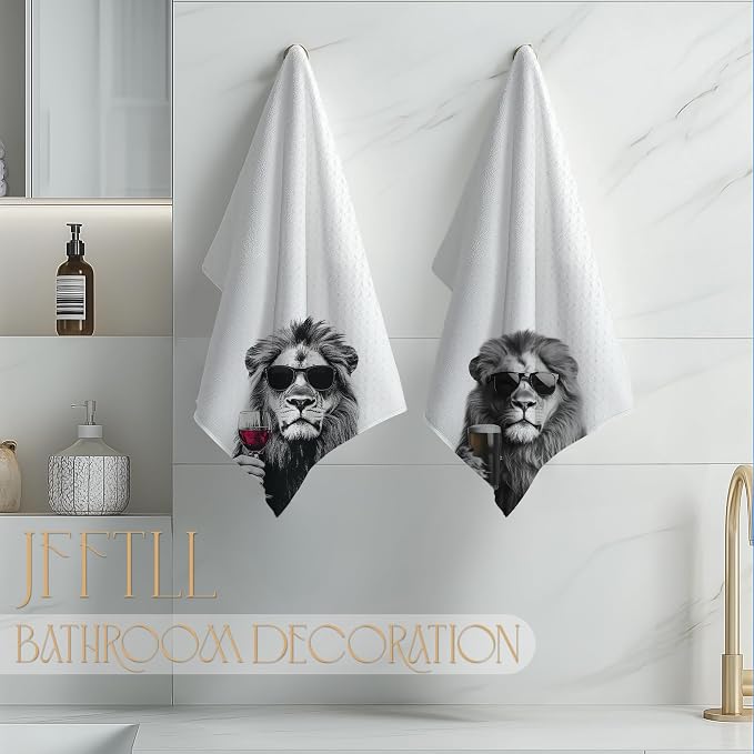 Funny Lion Kitchen Towels Set of 2, Funny Kitchen Decor, Wine Station Wine Bar Decor, Black and White Lion Owner Gift Hand Towel, Dining Room Decorative Tea Towel Dish Towels 16x24 Inch