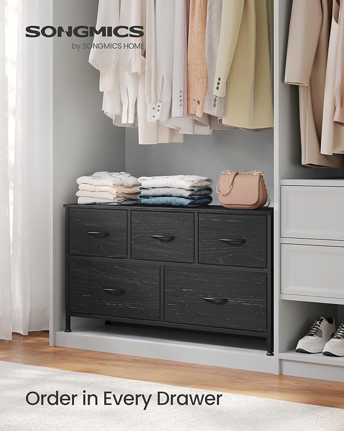 SONGMICS BELLAH Collection - Dresser for Bedroom, Chest of Drawers, Storage Organizer Unit, Closet, Entryway, Steel, 5 Drawers, Modern, Ebony Black ULGS322BE02S