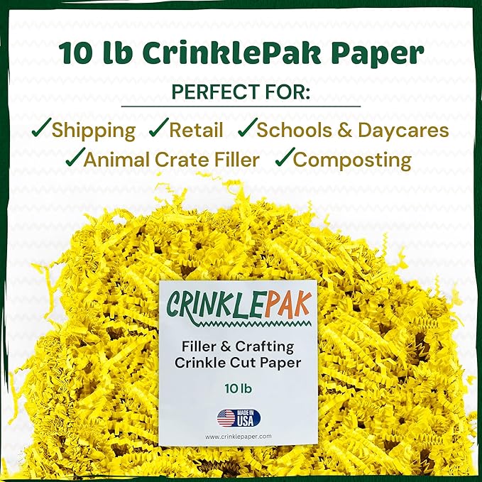 10LB USA Made Yellow Crinkle Paper Filler | Great Shredded Paper For Gift Baskets, Shipping Packages, Gift Box Filler, Basket Filler, Birthdays, Weddings, Anniversaries | Yellow Crinkle Shred