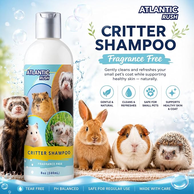 Critter Shampoo for Small Pets -Small Animal Fragrance & Detergent Free Shampoo - Sensitive Skin Shampoo for Ferrets, Guinea Pigs, Rabbits, Hedgehogs, Hamsters & Sugar Gliders (8 oz Fragrance Free)