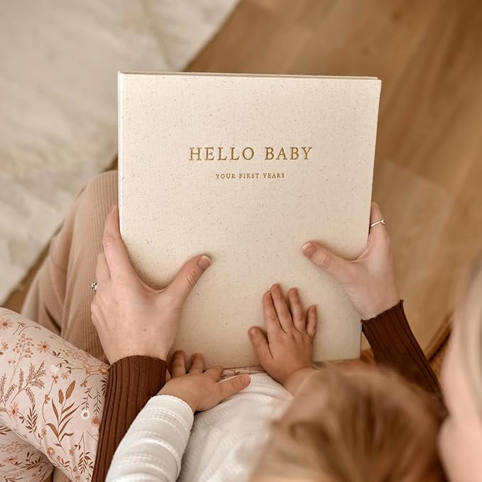 Peachly Baby Memory Book | Baby Book First Year Baby Book Keepsake for Milestones | Simple Cute Baby Scrapbook | Baby Books for Girl | Natural Linen - Clementine