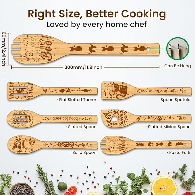 CUTHOLLOW 6PCS Halloween Element Greeting Wooden Kitchen Cooking Utensil Set, 11.9in Non Toxic Bamboo Wood Spoon Set for Cooking, Best Housewarming Halloween Decor Gift for Women Mother