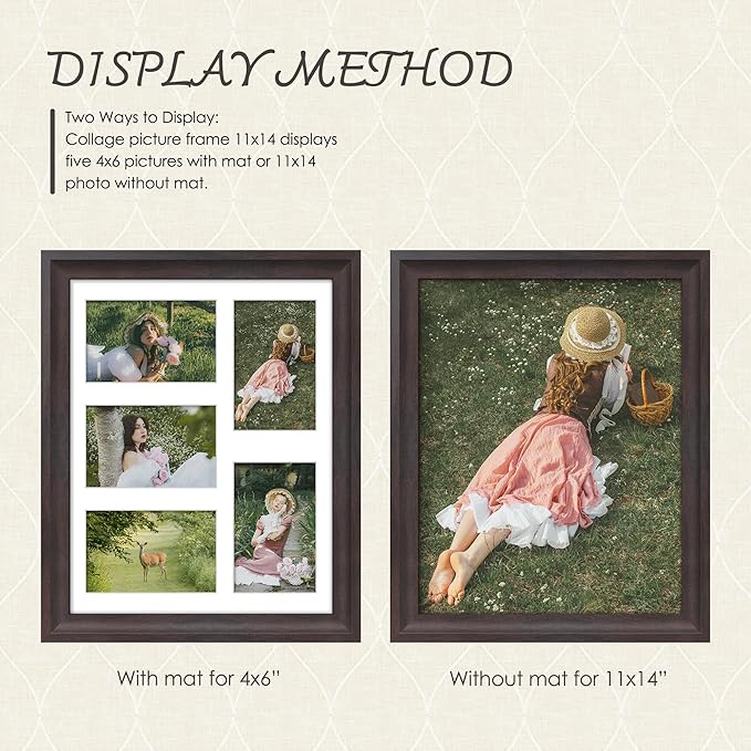 11x14 Picture Frame 4x6 Collage Picture Frame Displays Five 4x6 inch Photos or 11x14 (Without Mat) Wall Decor or Tabletop Walnut