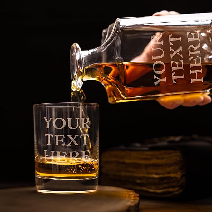 Gifts Inscribed Custom Text Whiskey Decanter & Glasses Set of 2 – Engraved Glass Cups Drinking Glasses Set of 2 – Personalized Whiskey Drinking Set – Customized Whisky Glassware Gift for Him