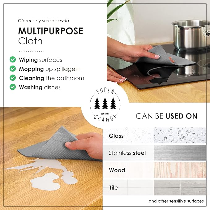 SUPERSCANDI 5 Pack Swedish Dishcloths for Kitchen - 100% Biodegradable & Compostable Reusable Paper Towels Washable, Food-Safe & Without Plastic - Dish Rags Suitable for Any Surface, Terazzo Grey