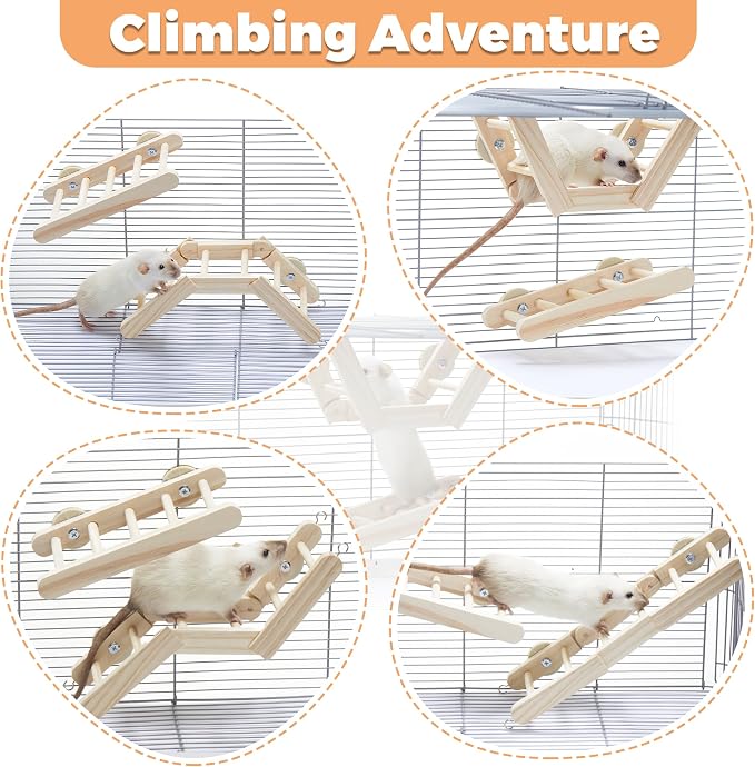 2Pcs Adjustable Wood Rat Climbing Toys for Cage, Rodent Ladder Stair | Pet Rat Cage Accessories Climbing Platforms, Rats Enrichment Toy Activities, Hanging Rodent Toys for Pet Rats Playing Chewing