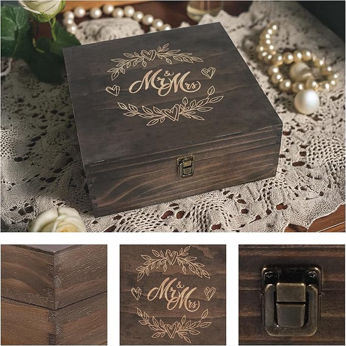 Mr and Mrs Wedding Memory Box -Wooden Keepsake Box with Lid for Couples - Rustic Storage Box for Cards, Photos, Vows, and Mementos – Ideal for Wedding, Engagement, or Anniversary