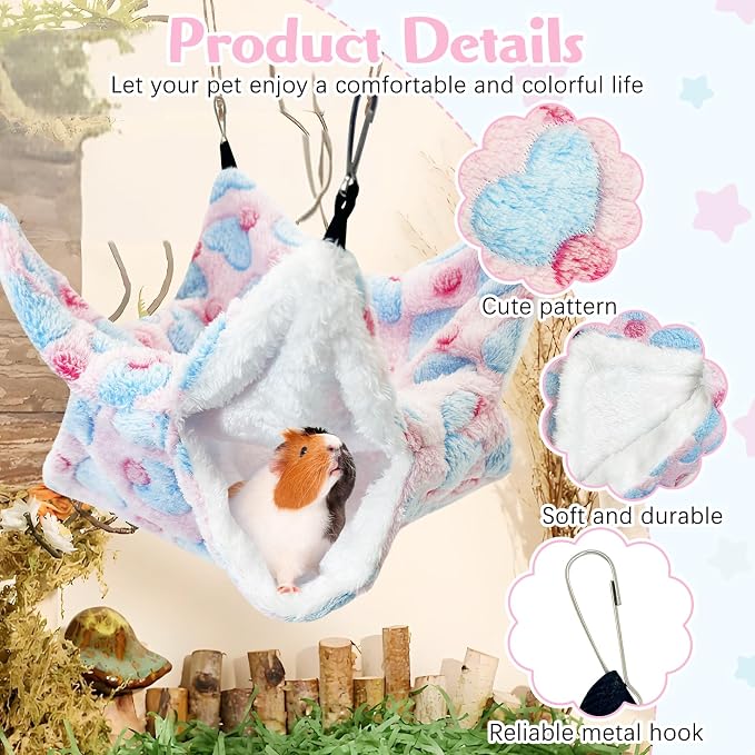 PINVNBY 3 PCS Ferret Rat Hammock Set Hanging Guinea Pig Hideout Bed Small Animals Tunnel Toy Ferret Cage Accessories for Hamster Squirrel Sugar Glider Chinchilla (Pink)