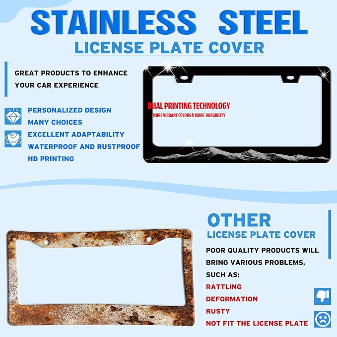 Beautiful Mountains Pattern License Plate Frame Stainless Steel 6 X 12 Inch | Fits US Standard With Screws Rust Resistant For Car Front Rear Decoration Accessories Easy Installation For Cars SUV Truck