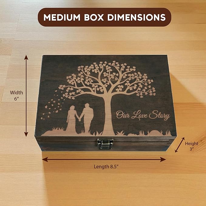 Engraved Wedding Memory Box – Wooden Keepsake Box for Bride & Groom, Marriage Vows, or First Anniversary – Medium Size – Dark Walnut – 8.5 x 6 x 3 in