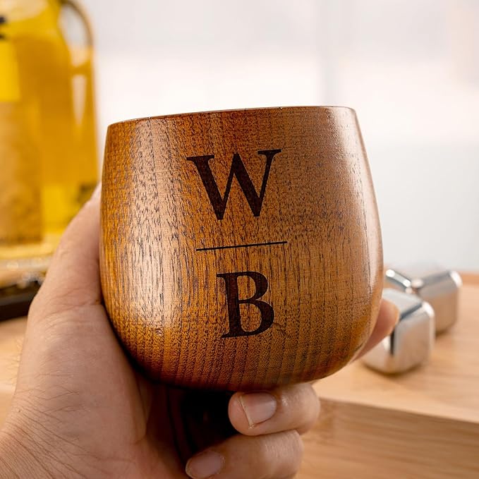 Personalized Monogram Wooden Whiskey Glass, Engraved 10 oz Wooden Bourbon Cup - Best Man, Groomsmen Gifts for Wedding, Best Groomsmen Proposal Gift