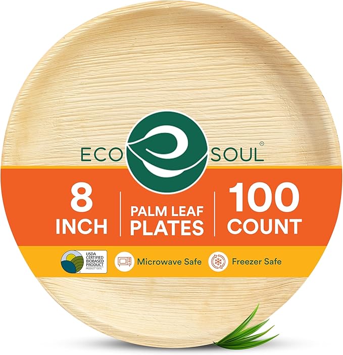 ECO SOUL Compostable 8 Inch Palm Leaf Round Plates (100 Count) Like Bamboo Plates | Biodegradable | Eco-Friendly, Microwave & Oven Safe