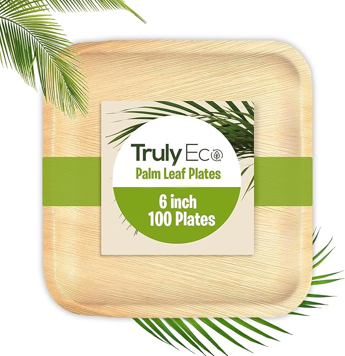 6 Inch 100 Square Palm Leaf Plates – Compostable, Biodegradable, Eco-Friendly – Like Bamboo Disposable Plates for Party, Wedding, Picnic – Sturdy, Heat Proof & Leak Proof