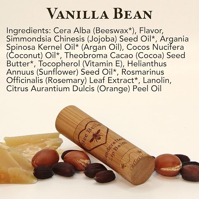 Bee Bella Lip Balm, Vanilla Bean, 3 Pack, Moisturizing Lip Care, 100% Natural, Original Organic Beeswax with Vitamin E, Handmade in USA