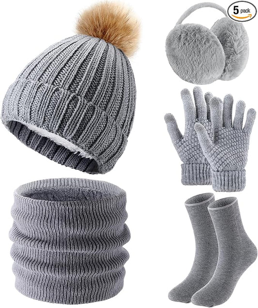 SATINIOR 5 Pcs Winter Hat Scarf Gloves Set Fleece Warm Lined Knit Beanie Hat Touch Screen Earmuff Gloves Warmer for Women(Gray,Cool Style)