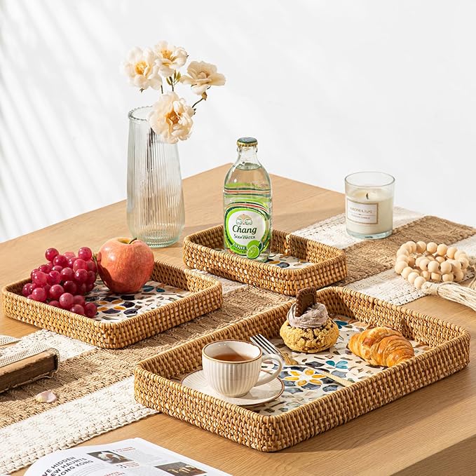 Set of 3 Rectangle Rattan Trays for Decor, Wicker Serving Tray Boho, Hand-Woven from Natural Rattan with Mother of Pearl Inlay, Vintage Woven Decorative Trays for Coffee Table, Bathroom, Dining Table