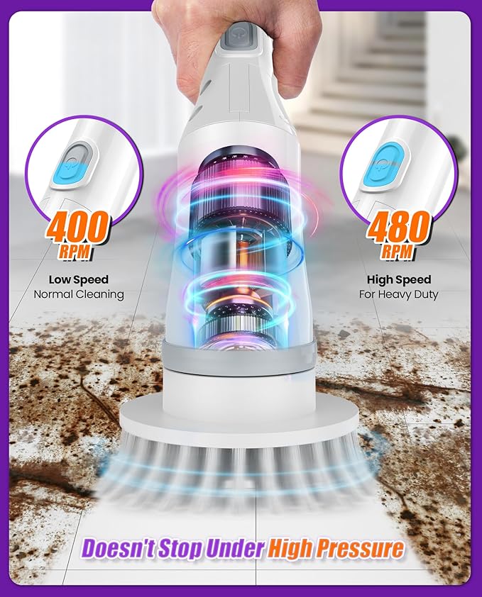 6-in-1 Electric Spin Scrubber, Cordless Power Scrubber with 47.2" Long Extendable Handle, IPX7 Waterproof 2-Speed Scrub Brush for Bathroom, Kitchen, Tile, Tub and Floor Cleaning, White-qb2