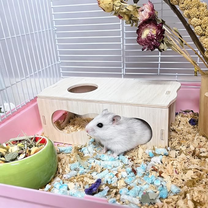 2 PCS Wooden Hamster Hideout Multi-Chamber Tunnel Set Hamster House Hiding Maze Platform Stuff Exploring Toy Cage Accessories for Gerbil Rat Mice