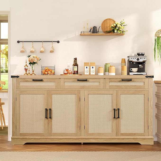 usikey 61” Large Buffet Cabinet with Storage, Sideboard Cabinet with 4 Doors and 3 Drawers, Farmhouse Buffet Table, Dining Room Storage Cabinet for Kitchen or Living Room, Natural