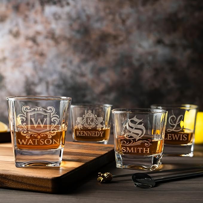 Amazing Items Set of 2 - Personalized Whiskey Glasses w/Name & Initial - 9 Designs - 9 oz, Limited Edition Monogrammed Rocks Glasses for Dad Gifts
