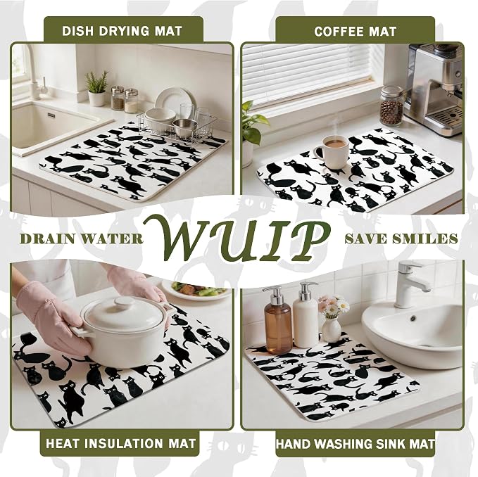 Black Cat Dish Drying Mats for Kitchen Counter, Cat Lover Gifts, Funny Black Cats Absorbent Reversible Coffee Bar Mat Drying Pad for Kitchen Decor, 12x15 Inch