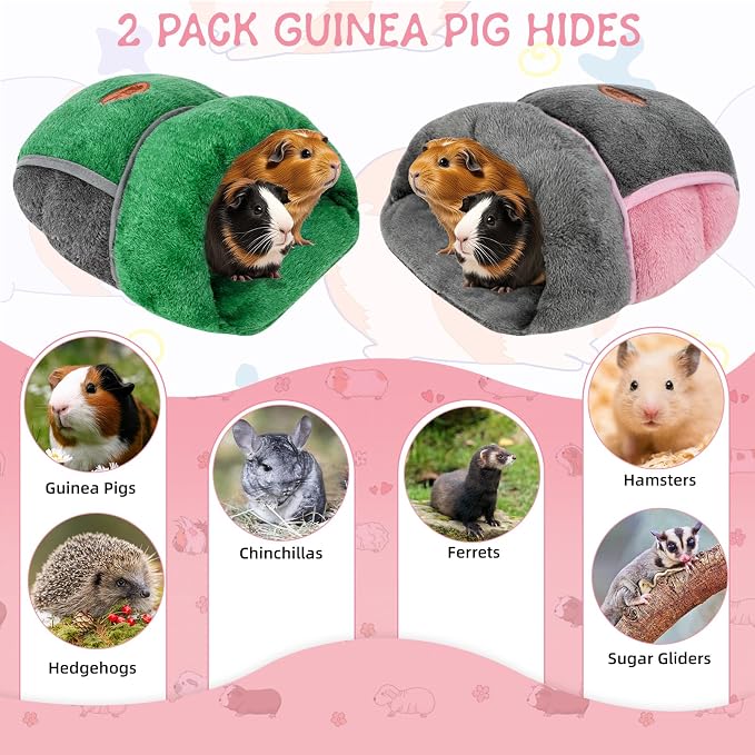 YUEPET 2 Pack Guinea Pig Bed, Guinea Pig Cuddle Sack, Grey & Green | Guinea Pig House, Portable Guinea Pig Hideout, Folds Flat for Storage, Pocket-Style Bedding