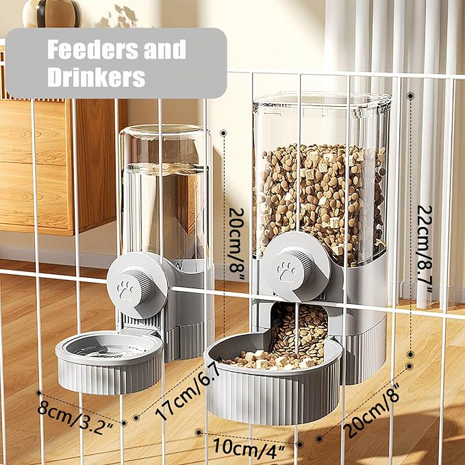 Automatic Rabbit Feeder and Water Dispenser Set,40oz Gravity Food Feeder&17oz Leak-Proof Water Bottle for Guinea Pigs,Hamsters,Chinchillas,Ferrets, Small Animals,Cage Mount Feeding Station Grey