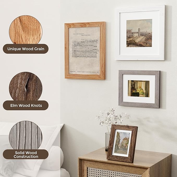 Fun Memories 5x7 Picture Frame with Mat for 4x6 Photo, Solid Elm Wood & Tempered Glass, Rustic Wall & Tabletop Display Frame, Walnut, 1 Pack