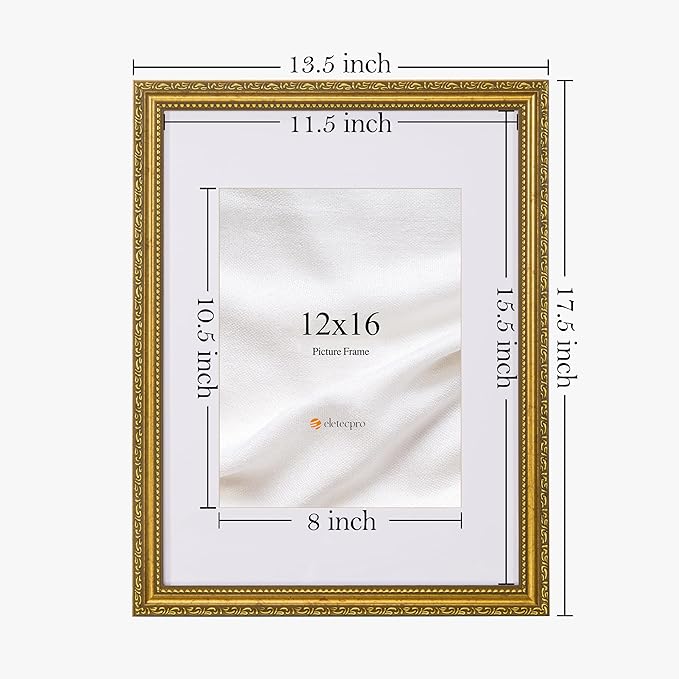 eletecpro 12x16 Picture Frames Set of 4, Vintage Photo Frame with Glass, Ornate Gold Frames 12 by 16 Display 8.5x11 Photo with Mat or 12x16 without Mat for Home Wall Decor, Gold