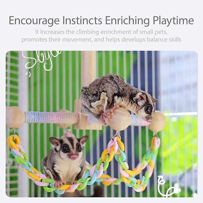 Sugar Glider Climbing Toys Haning Swing Sugar Glider Cage Accessories | Natural Wood Climbing Toys Sugar Glider Accessories Rat Enrichment Toys for Small Animals Rat and Birds(Swing Style)