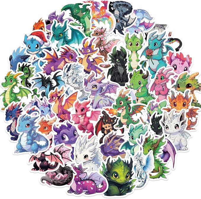 50Pcs Dragon Sticker, Cute Stickers for Kids Teens Adults, Vinyl Cartoon Animals Decals Kawaii Sticker for Decor Water Bottles Laptops Guitar Scrapbook (Dragon)