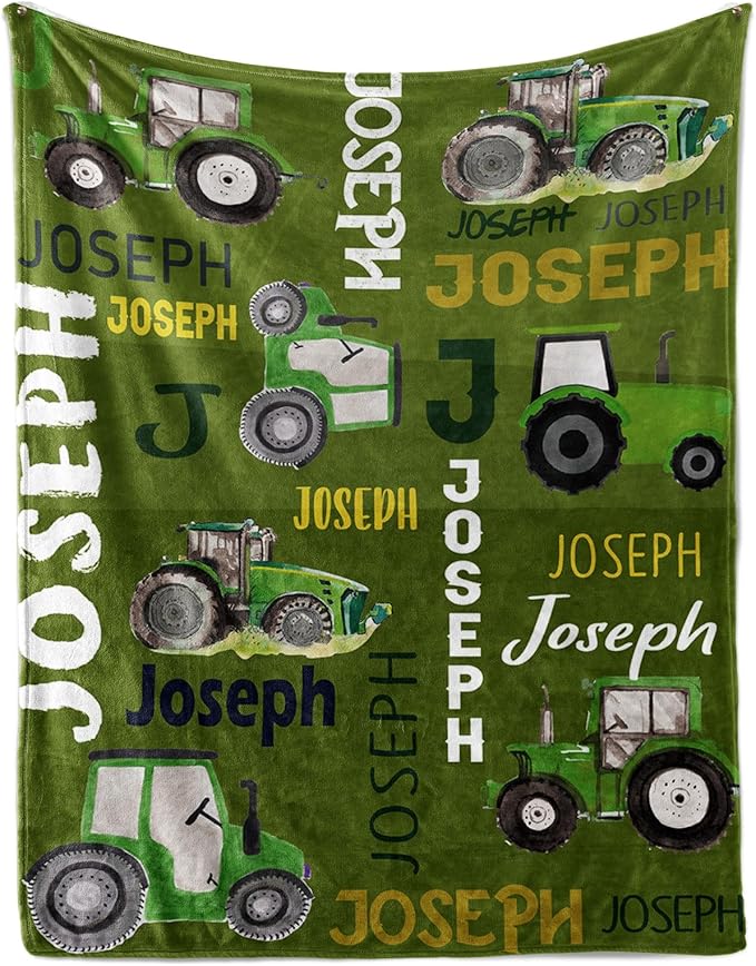 Personalized Tractors Blanket - Custom Name with Farm Tractor Trucks Design - Soft Plush Flannel Bed Blanket for Baby Kid Teen Boys Girls Customized Gifts Olive Green