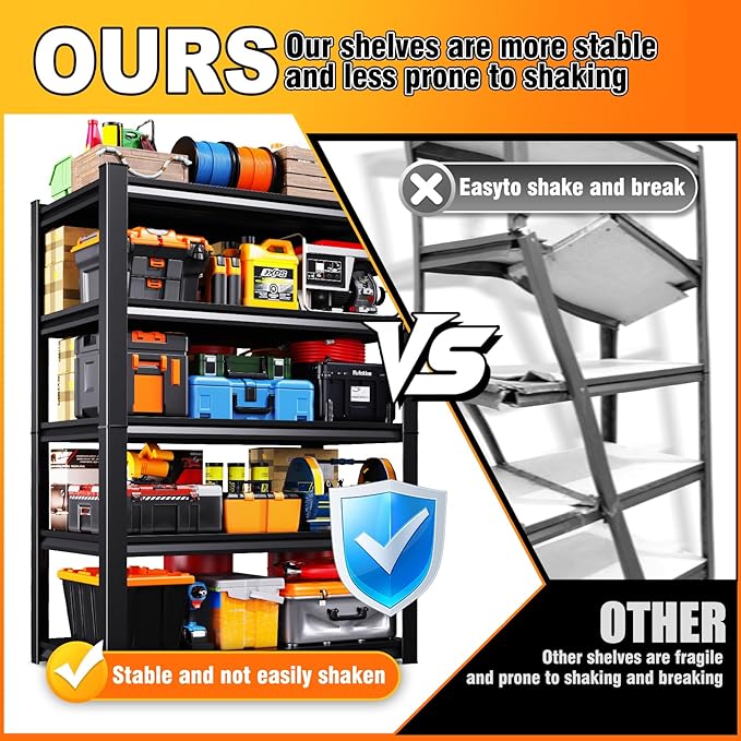 46''W Storage Shelves,3000LBS Garage Shelving,Adjustable Garage Shelves,Heavy Duty Metal Shelving, 5 Tier Wood Utility Steel Shelf, Easy-to-Install Shelving Units and Storage 71.2''x46''x19.7