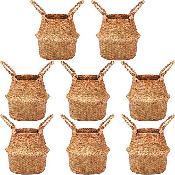 Qunclay 8 Pcs Woven Seagrass Baskets Belly Basket Folding Boho Natural Plant Pot with Handles Round Decorative Wicker Large Indoor Planter for Home Outdoor Tree Planters Decor (11 x 13 Inch)