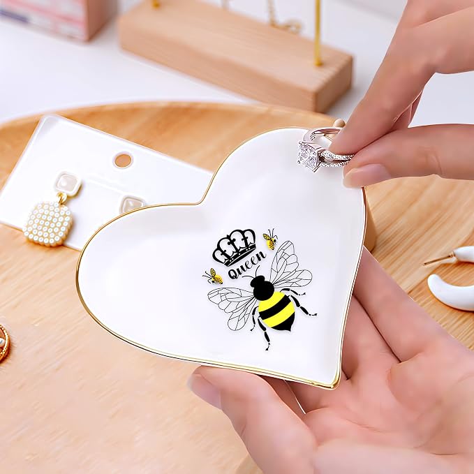 Bee Ring Holder Dish Tray, Gifts For Women Teens Girls, Bee Lovers Themed Stuff Accessories Things Decor Merch, Home Room Ring Earrings Necklace Organizer Holder!