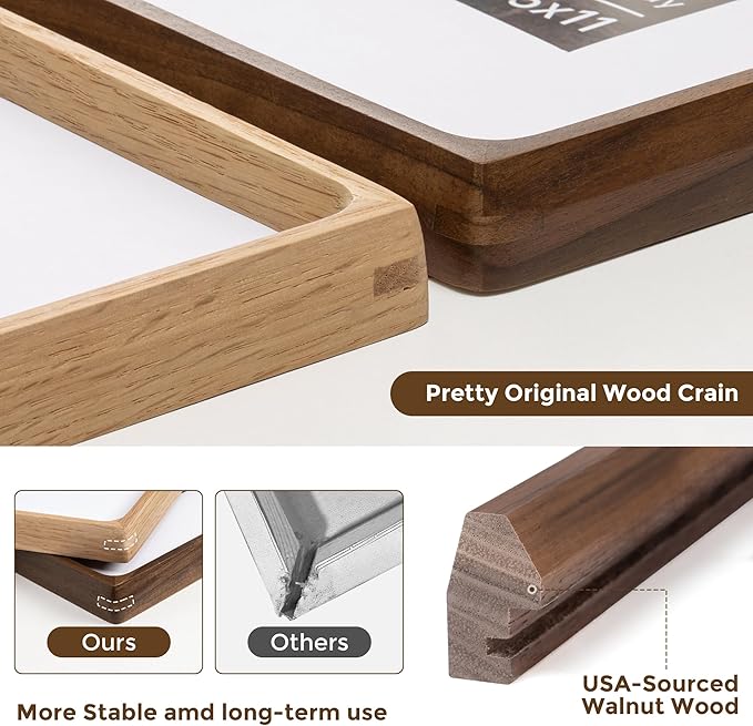 12x18 Frame USA-Sourced Natural Walnut Wood Solid Wood Photo Frame Handcrafted Rounded Corner with Mat to 8x12 Picture Display with Real Glass Family Picture, Wedding Photo, Certificate