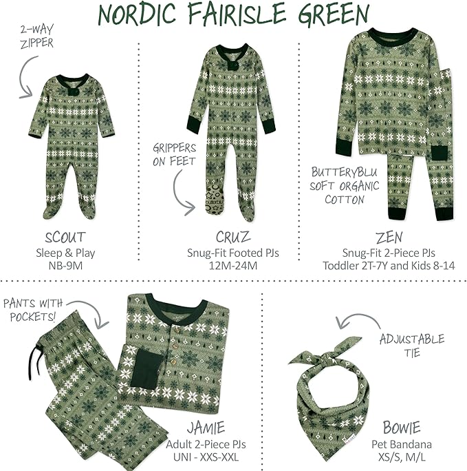 JAMIE Matching Family Jammies Holiday Pajamas 100% Organic Cotton PJs Adults, Kids, Toddlers, Baby, Pets