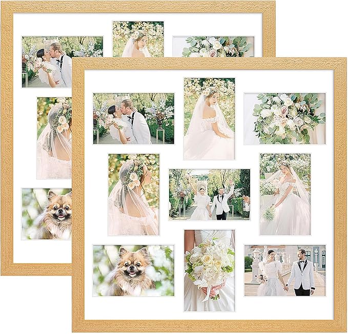 17x17 Collage frame with 9 Openings 4X6 Pictures, Multiple Picture Frame with Mat, Wall or Tabletop Decor, Natural Wood Grain,2 Pack