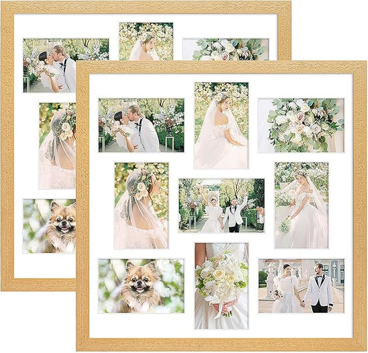17x17 Collage frame with 9 Openings 4X6 Pictures, Multiple Picture Frame with Mat, Wall or Tabletop Decor, Natural Wood Grain,2 Pack