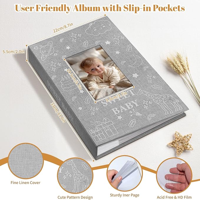 Baby Photo Album 4x6 300 Pockets with Memo Area & Hand and Footprint Kit, Linen Cover Slip-in Memory Book with Front Window, Acid-Free Keepsake for Newborn Boy Girl, First Year Moments