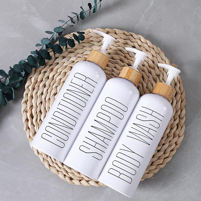 HOMCDALY Shampoo and Conditioner Dispenser, 16oz 3-Pack Refillable Shampoo and Conditioner Bottles, Empty Shampoo Bottles Refillable with Bamboo Pump, Bathroom Shower Shampoo Dispenser Set