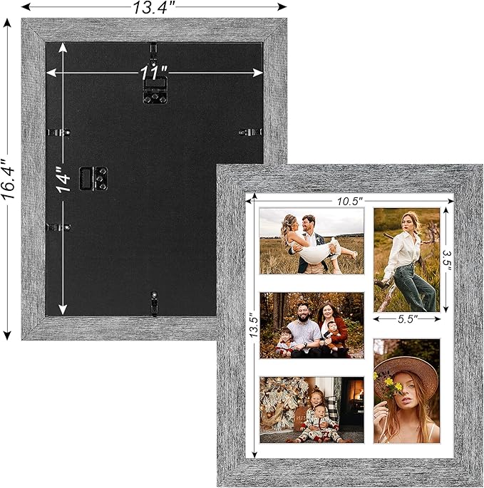 11x14 Picture Frame Display 5 opening 4X6 Picture Frame Collage,Multi Photo Frame with Mat,Plexiglass,Wall or Tabletop Decor,Grey Wood Grain