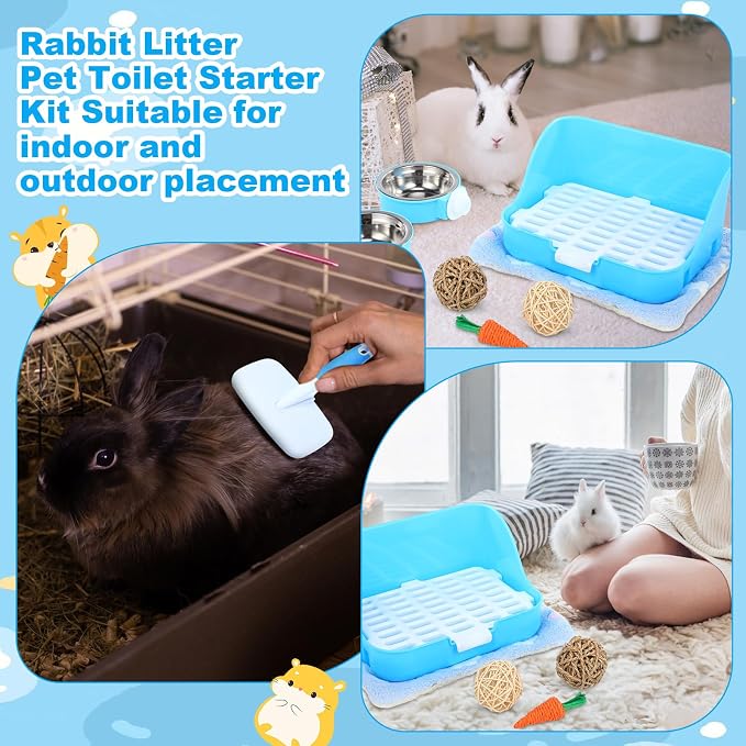Reallnaive 15 Pcs Rabbit Starter Kit Small Rabbit Litter Box Girls Gift Animal Grooming Kit Bunny Toys Bowl Blankets with Cleaning Set for Guinea Pig Accessories(Light Blue)