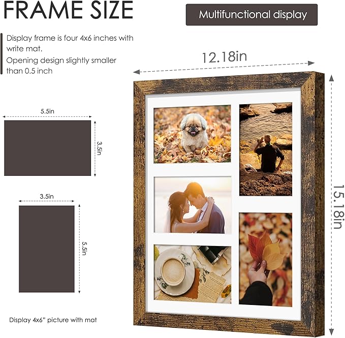 11x14 Collage Picture Frame, 4x6 Collage Picture Frame, Displays Five 4x6 inch Photos, or 11x14 (Without Mat) Wall Decor Wall Hanging or Tabletop, Brown.