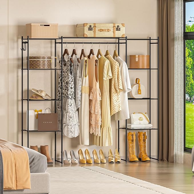 Neprock Portable Closet Wardrobe, Metal Clothing Rack with 8 Shelves & 1 Hang Rod, Free Standing Closet Rack for Hanging Clothes Closet Organizers and Storage, 63"*63"*12", Black