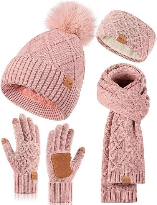 Womens Winter Hat Gloves Scarf Headband Set, Pom Pom Beanie Long Scarf Touchscreen Gloves Ear Warmer, 4 in 1 Warm Gift Set