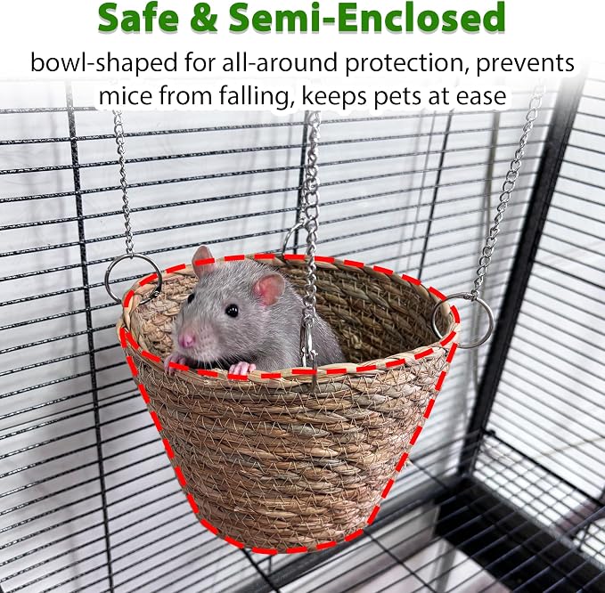 Natural Grass Rat Hammock for Cage, Tightly Woven Non-Collapse | Chew Proof Rodent Hammock for 1-2 Rats to Snuggle, Hanging Bowl-Shaped Rats Cage Bed with Sturdy Hooks for Full Protection
