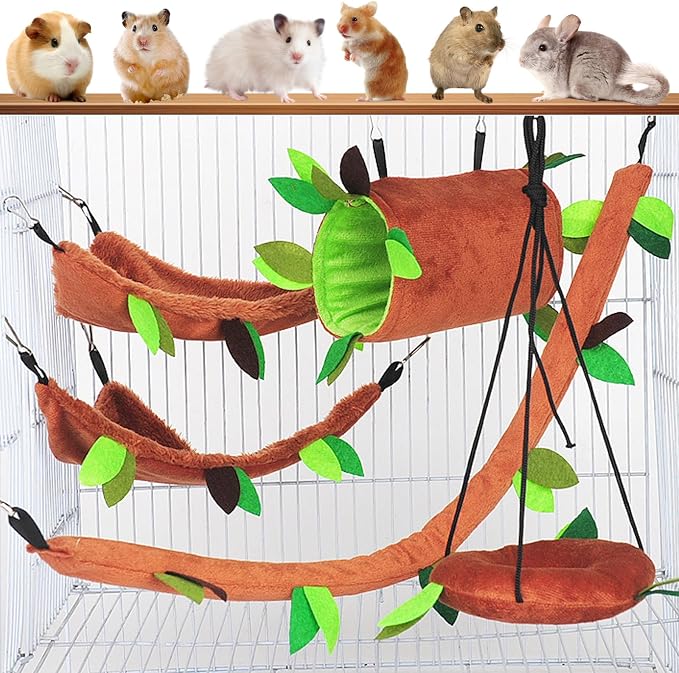 Hamster Hammock 5 Pcs Sugar Glider Nest Hanging Tunnel Swing Jungle | Small Animal Plush Warm Bed, Squirrel Guinea Pig Rat Sleeping Cage Accessories, Soft Fleece Hammock Pet Playing Toy