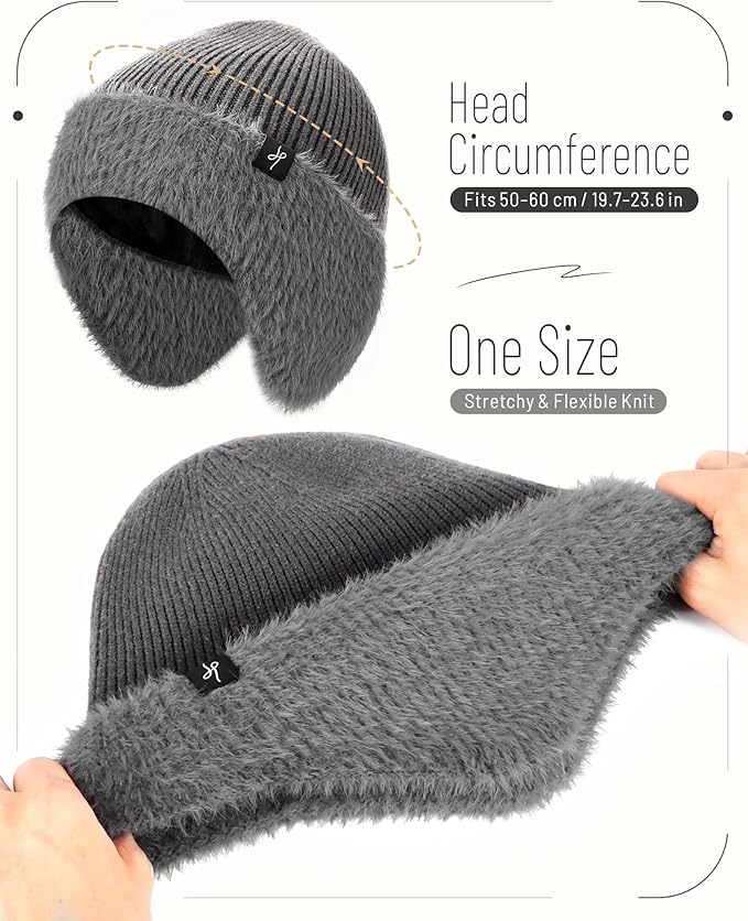 Winter Fleece-Lined Beanie with Earflaps, Warm Windproof Unisex Beanie Hat for Skiing, Hiking & Outdoor Winter Sports