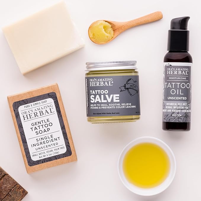 All The Tattoo Aftercare Set, Tattoo Salve, Oil & Soap, Natural Tattoo Aftercare Set, Balm, Moisturizer, Made in the USA, Ora's Amazing Herbal